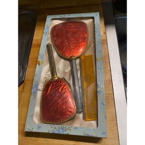 Vintage 1960s Red Plastic Vanity Set Mirror Brush Comb Montgomery Ward